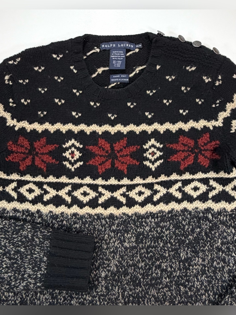 Ralph Lauren Sweater Hand Knit Snowflake Fair Isle Holiday Wool Silk Black Sz M - Picture 3 of 12